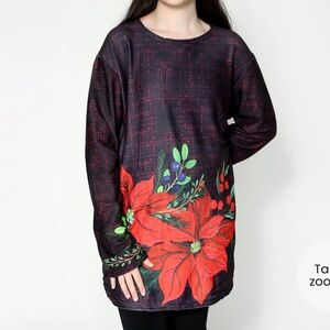 Red Coral Tunic Length Holiday Christmas Poinsettia Bling Sweater - One Size